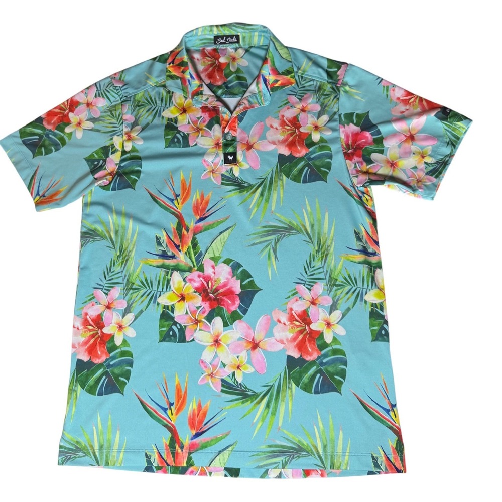 Bad Birdie Polo Shirt Mens Small Blue Floral Tropics Golf Performance Short Slv